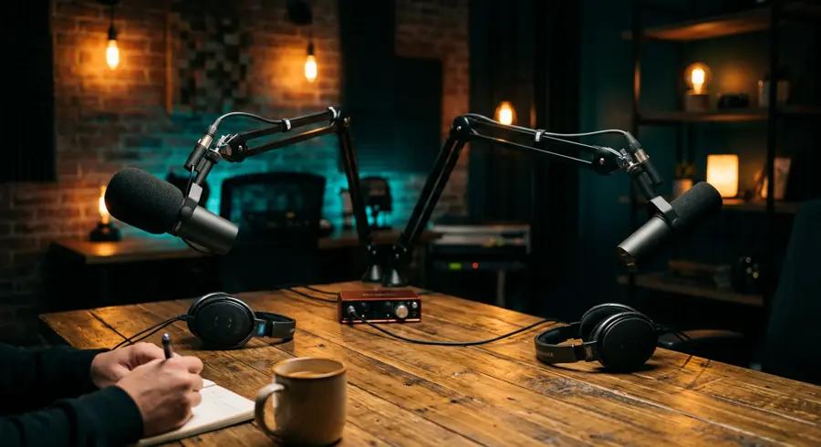 Podcast microphones in the Voices of Hope studio